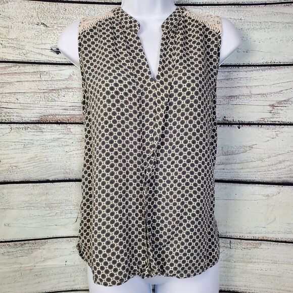 Heartloom Lace Back Sleeveless Blouse Large Black Beige Geo Print - Picture 2 of 7
